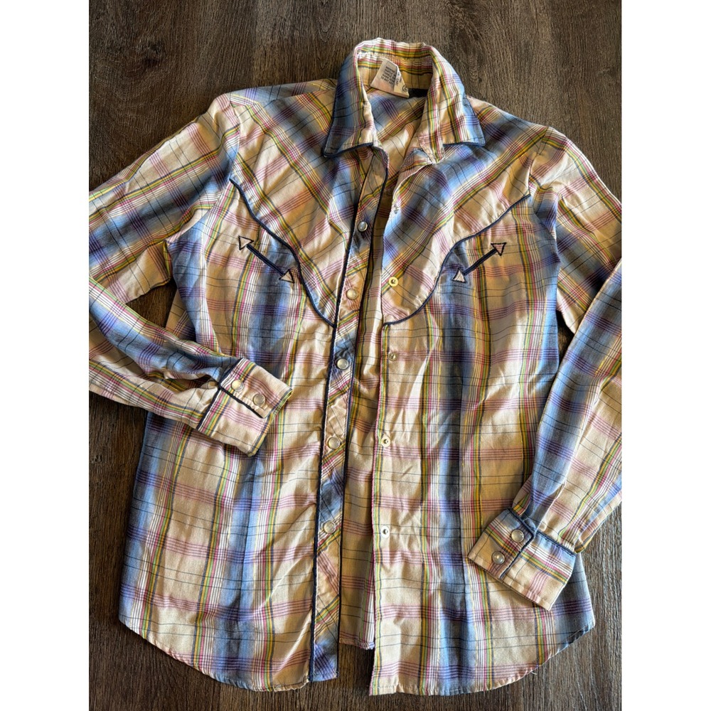 Vintage Cherry Stix Western Shirt Rainbow Plaid Pearl Snap Metallic Gold Medium